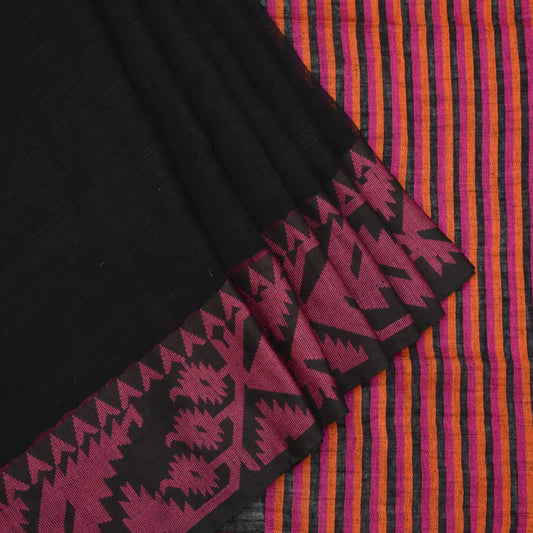 Linen saree with pink and orange jamdani ganga jamuna boarder