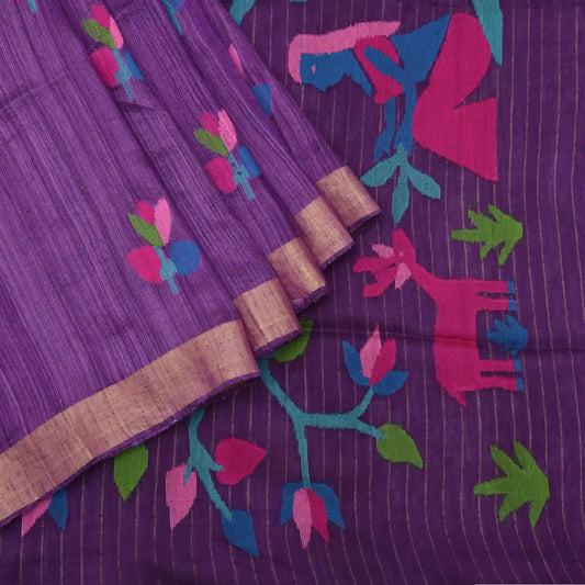 Matka linen silk saree with muslin pallu and jamdani weaving