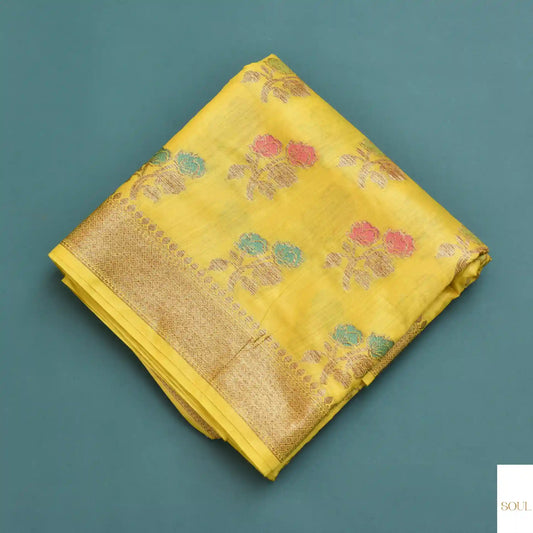 Pure Banarasi munga silk with colourful flowers and golden zari boarder