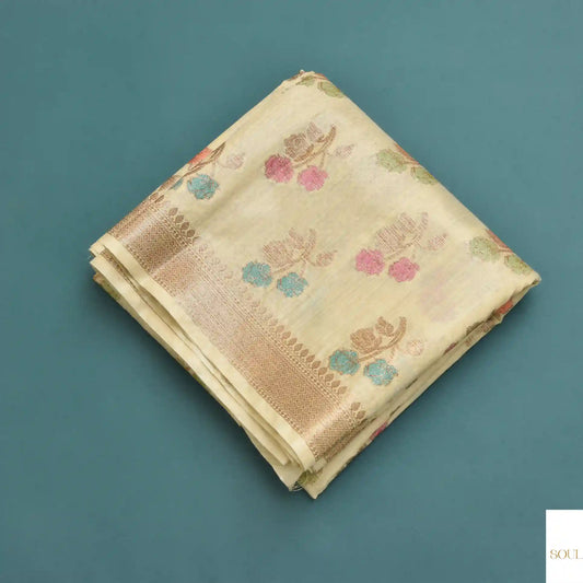 Pure Banarasi munga silk with colourful flowers and golden zari boarder