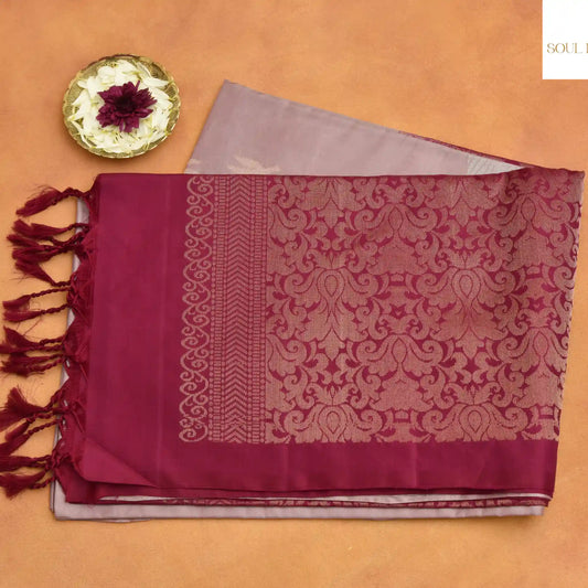 Pure soft silk Kanjivaram without boarder and gold silver leaf zari work