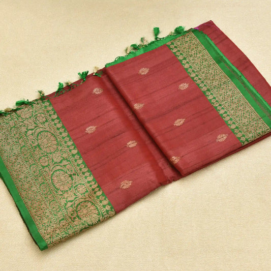 Pure Tussar silk saree with golden butti and green golden boarder