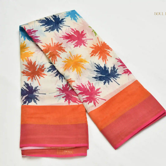 Cotton saree with pink and orange boarder multi coloured leaf all over