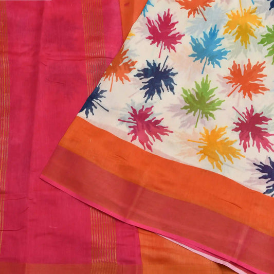 Cotton saree with pink and orange boarder multi coloured leaf all over