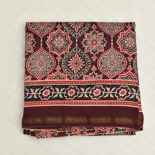 Ajrakh Chanderi Saree with thin golden boarder