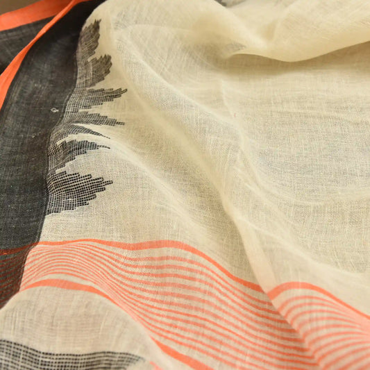 Pure linen saree with orange black boarder