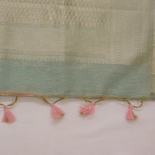 Pure Linen lehriya banarasi saree with tassles on pallu and golden zari boarder