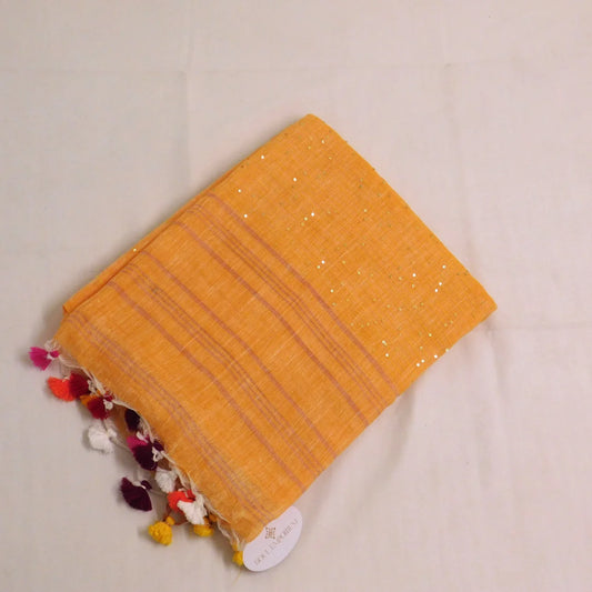 Pure linen saree with sequins all over and tassles on pallu