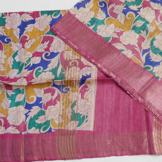 Pure Gicha tussar saree with floral work all over and contrast pink pallu