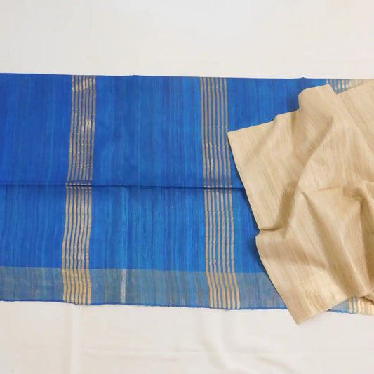 Plain Pure giccha tussar saree with contrast blue pallu