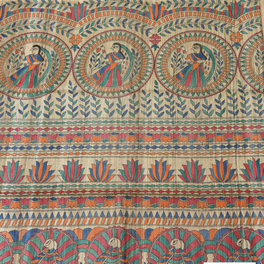 Gicha Tussar Saree with handpainted madhubani art on pallu and border